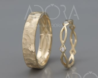 Handmade His and Hers Celtic Wedding Ring Set | 14k Gold Wedding Band Set with Diamonds | His and Hers Wedding Band Set