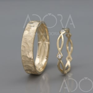 Handmade His and Hers Celtic Wedding Ring Set | 14k Gold Wedding Band Set with Diamonds | His and Hers Wedding Band Set