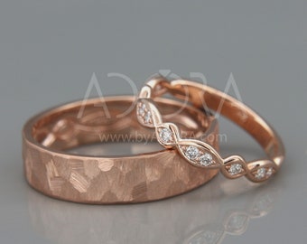 14K Rose Gold Celtic Wedding Rings set with Diamonds | Handmade 14k rose gold eternity wedding Rings | His and Hers Celtic Wedding Band Set