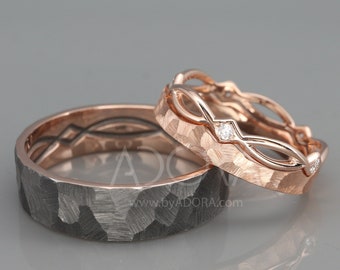 Handgemachte keltische Eheringe für Sie und Ihn | 14k Rose Gold Ehering besetzt mit Diamanten | Seine und Ihre Eheringe Set
