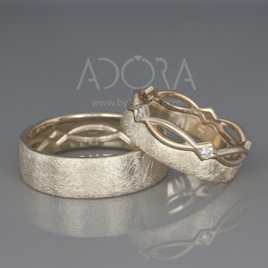 14Kシャンパンゴールド エーリング 結婚指輪 彼と彼女用 - ケルト風結婚指輪セット - ダイヤモンド バンドリングセット - 高級ジュエリー クリスマスギフト