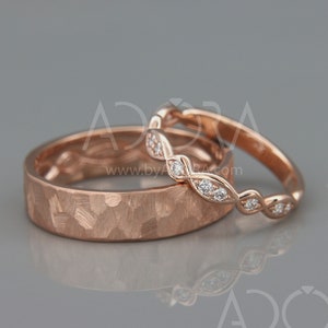 14K Rose Gold Celtic Wedding Rings set with Diamonds | Handmade 14k rose gold eternity wedding Rings | His and Hers Celtic Wedding Band Set