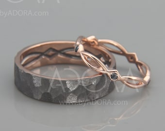 His and Hers Celtic Wedding Band Set | Rose Gold Celtic Wedding Ring with Black Diamonds | Black Rhodium Rose Gold Eternity Wedding Rings