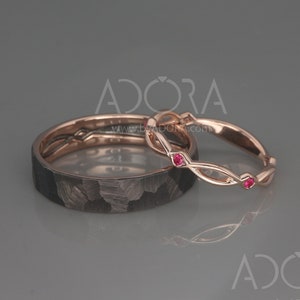 14k Black and Rose Gold Eternity Wedding Rings set with Ruby| Handmade Celtic wedding bands set |His and Hers Rings Set Rough Faceted