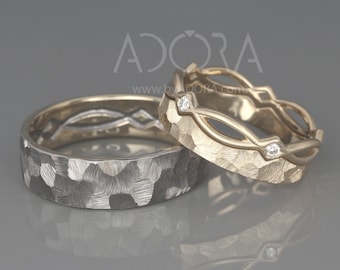 14k Champagne Gold Wedding Band Set with Diamonds in Rough finish | His and Hers Celtic Wedding Ring Set | His and Hers Wedding Band Set