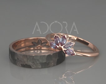 Handmade Marquise Lab Alexandrite Wedding Bands Set |  14K Rose Gold His and Hers Wedding Rings Set | Lab Alexandrite Wedding Rings set