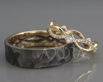 Handmade His and Hers Celtic Wedding Ring Set | 14k Gold Wedding Band Set with Diamonds | His and Hers Wedding Band Set | Black Gold Ring