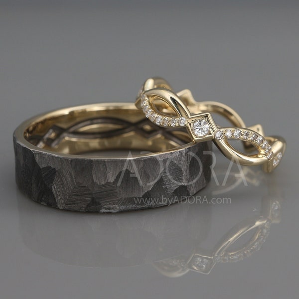 Handgefertigtes keltisches Ehering-Set für Sie und Ihn | Ehering aus 14-karätigem Gold, besetzt mit Diamanten | Ehering-Set für Sie und Ihn | Schwarzer Goldring