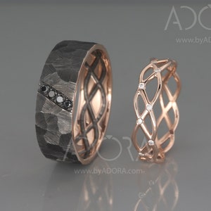 Handmade His and Hers Wedding Ring Set | Rose Gold Wedding Band Set with Diamonds | His and Hers Wedding Band Set | Black Rose Gold Ring