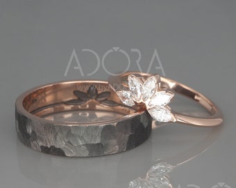Marquise Diamond Wedding Bands Set |  14K Rose Gold His and Hers Wedding Rings Set | Marquise Diamond Ring | Black Rhodium Gold Band