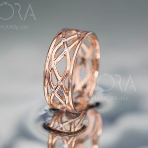 Handmade 14k Rose Gold Celtic Ring set with Diamonds | Handmade 14k rose gold Celtic women wedding band set with cut tiny natural Diamonds