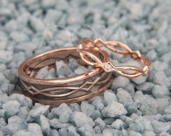 Handmade 14k Rose Gold His and Hers Celtic Wedding Bands Set | Celtic Wedding Rings Set with Natural Diamond | Black Rose Gold Ring