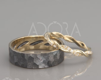 Handmade 14K Gold Braided Wedding Rings set with Diamonds | Handmade 14k gold Braided wedding Rings | His and Hers Braided Wedding Bands Set