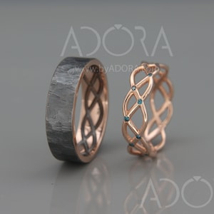 His and Hers Wedding Ring Set | Rose Gold Wedding Band Set with Blue Diamonds | His and Hers Wedding Band Set | Black Rose Gold Ring