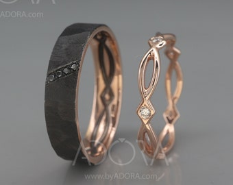 His and Hers Celtic Wedding Band Set | Rose Gold Celtic Wedding Ring Set with Diamonds | Eternity Black Wedding Ring Set with Diamonds