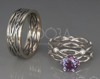 Handgemaakte Keltische trouwringenset met lab-allexandriet | 14k witgouden trouwringenset voor hem en haar met lab-allexandriet en diamanten