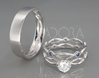 Handmade 14K White Gold Eternity Wedding Rings Set with Charles & Colvard Moissanite and Sapphire and a matching Men's ring