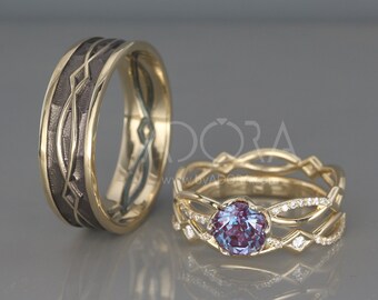Set Keltische trouwringen met lab-allexandriet - 14k gouden ringenset met lab-allexandriet en diamanten - Luxe Keltische trouwringenset met alexandriet