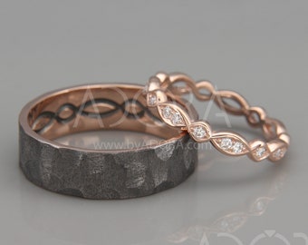 Handmade 14K Rose Gold Celtic Wedding Rings set with Diamonds | 14k rose gold eternity wedding Rings | His and Hers Celtic Wedding Bands Set