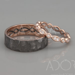 His and Hers Wedding Bands With Diamonds byADORA - Matching Celtic Wedding Ring Set In 14K Rose Gold - Eternity Viking Wedding Rings