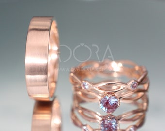 Handmade 14K Rose Gold Celtic Wedding Rings Set with Lab Alexandrite and and Diamonds | His and Hers rings set with Alexandrite and diamonds