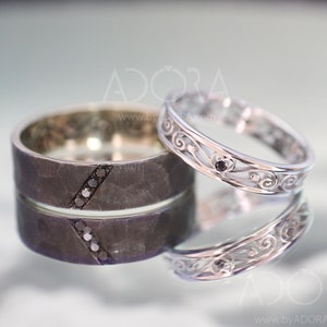 14K White Gold His And Hers Filigree Wedding Rings Set - Gothic Wedding Band Set - Matching Medieval Viking Rings - Solid Gold Norse Ring