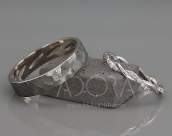 14K White Gold Braided Wedding Rings set with Diamonds | Handmade 14k white gold Braided wedding Bands | His and Hers Wedding Band Set