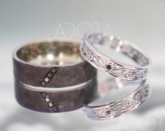 His and Hers Filigree Wedding Band Set | 14k White Gold Filigree Wedding Ring with Black Diamonds | Black Rhodium Eternity Wedding Rings