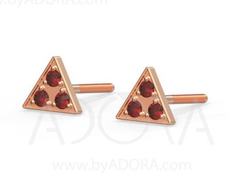 Handmade Natural Ruby Triangle studs earrings | Solid 14k rose gold stud earrings set with natural Ruby 5mm 6mm 7mm | Screw back earrings
