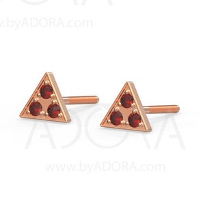 Handmade Natural Ruby Triangle studs earrings | Solid 14k rose gold stud earrings set with natural Ruby 5mm 6mm 7mm | Screw back earrings