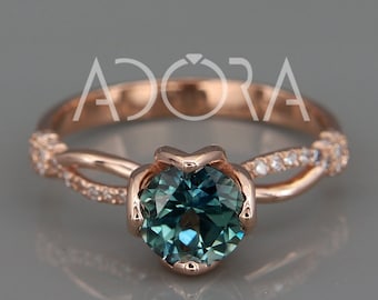 Handmade 14K Rose Gold set with Teal Sapphire and Diamonds Engagement Ring in Royalty style | Teal Sapphire and Diamonds engagement ring