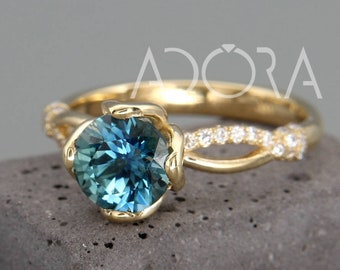 Handmade Teal Sapphire Engagement Ring in Royalty style | 14k gold engagement ring set eith Teal Sapphire and Diamonds