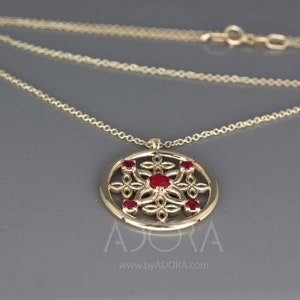 Celtic Necklace Gold - 14K Yellow Gold Natural Ruby Pendant - Unique Gothmas Jewelry - Gothmas Gift For Her - Flower Ruby Celtic Necklace