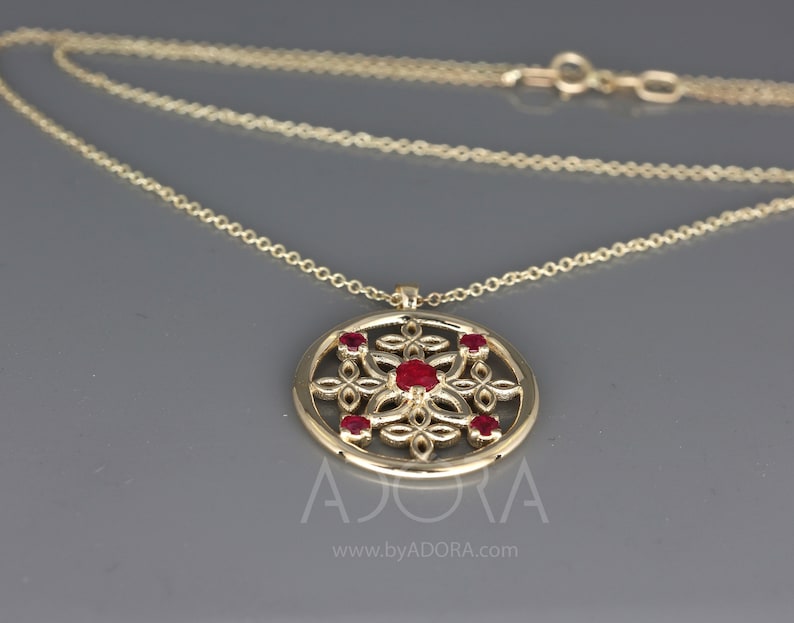 Celtic Necklace Gold - 14K Yellow Gold Natural Ruby Pendant - Unique Gothmas Jewelry - Gothmas Gift For Her - Flower Ruby Celtic Necklace