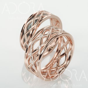 Diamonds Celtic Wedding Ring Set | 14k Rose Gold Wedding Band Set with Brilliant Diamonds | His and Hers Wedding Band Set | Black Rose Gold