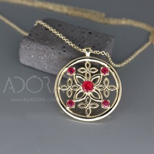 Celtic Necklace Gold - 14K Yellow Gold Natural Ruby Pendant - Unique Gothmas Jewelry - Gothmas Gift For Her - Flower Ruby Celtic Necklace