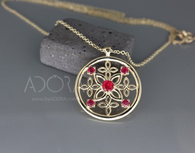 Celtic Necklace Gold - 14K Yellow Gold Natural Ruby Pendant - Unique Gothmas Jewelry - Gothmas Gift For Her - Flower Ruby Celtic Necklace