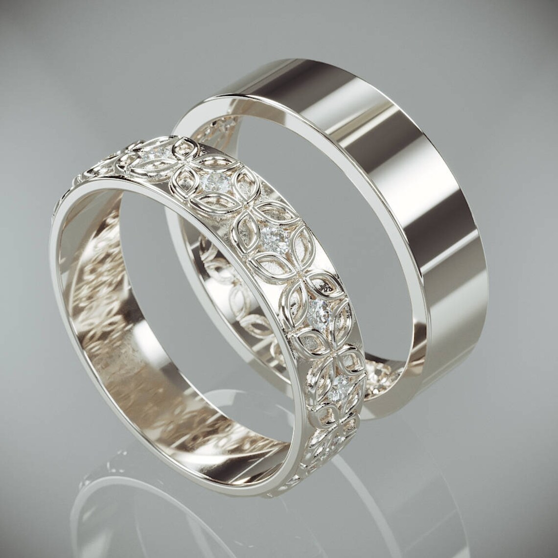 14K White Gold Celtic Flower Wedding Rings Set with