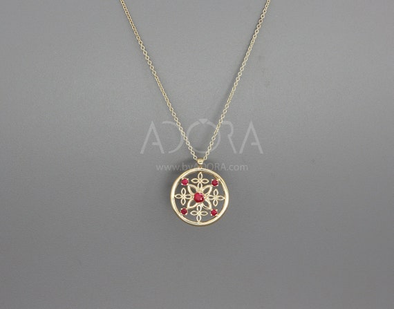 Celtic Necklace Gold - 14K Yellow Gold Natural Ruby Pendant - Unique Gothmas Jewelry - Gothmas Gift For Her - Flower Ruby Celtic Necklace