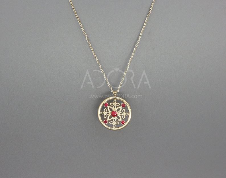 Celtic Necklace Gold - 14K Yellow Gold Natural Ruby Pendant - Unique Gothmas Jewelry - Gothmas Gift For Her - Flower Ruby Celtic Necklace