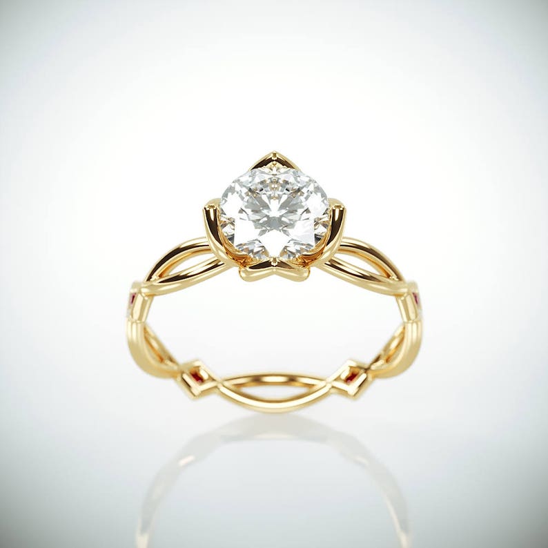 Lab Created Diamond Engagement Ring Set With Natural Rubies Etsy