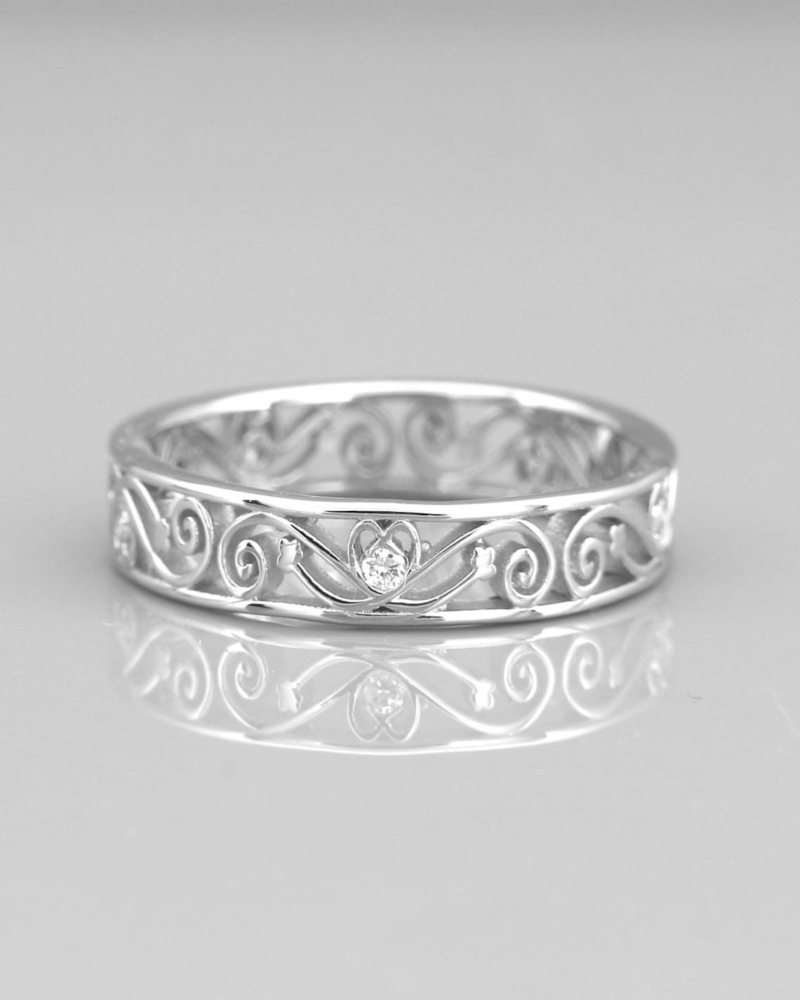 14k White Gold Filigree Women Wedding Ring Set With Diamonds | Etsy Israel