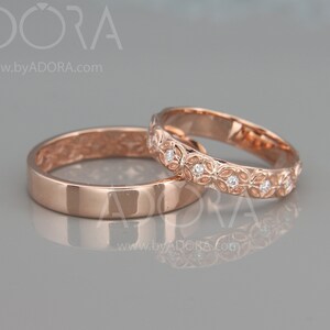 Handmade 14K Rose Gold Celtic Flower Wedding Rings Set With Diamonds ...
