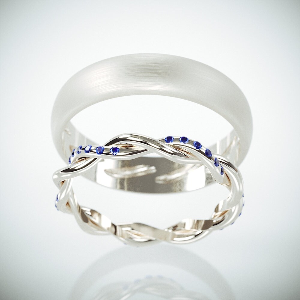 14K White Gold Braided Wedding Rings set with Blue Sapphire | Etsy