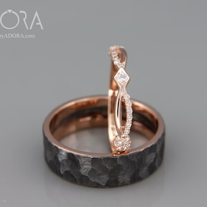 Handmade 14K Rose Gold Wedding Rings Set in Royalty style | 14k Rose Gold His and Hers Wedding Bands set with diamonds