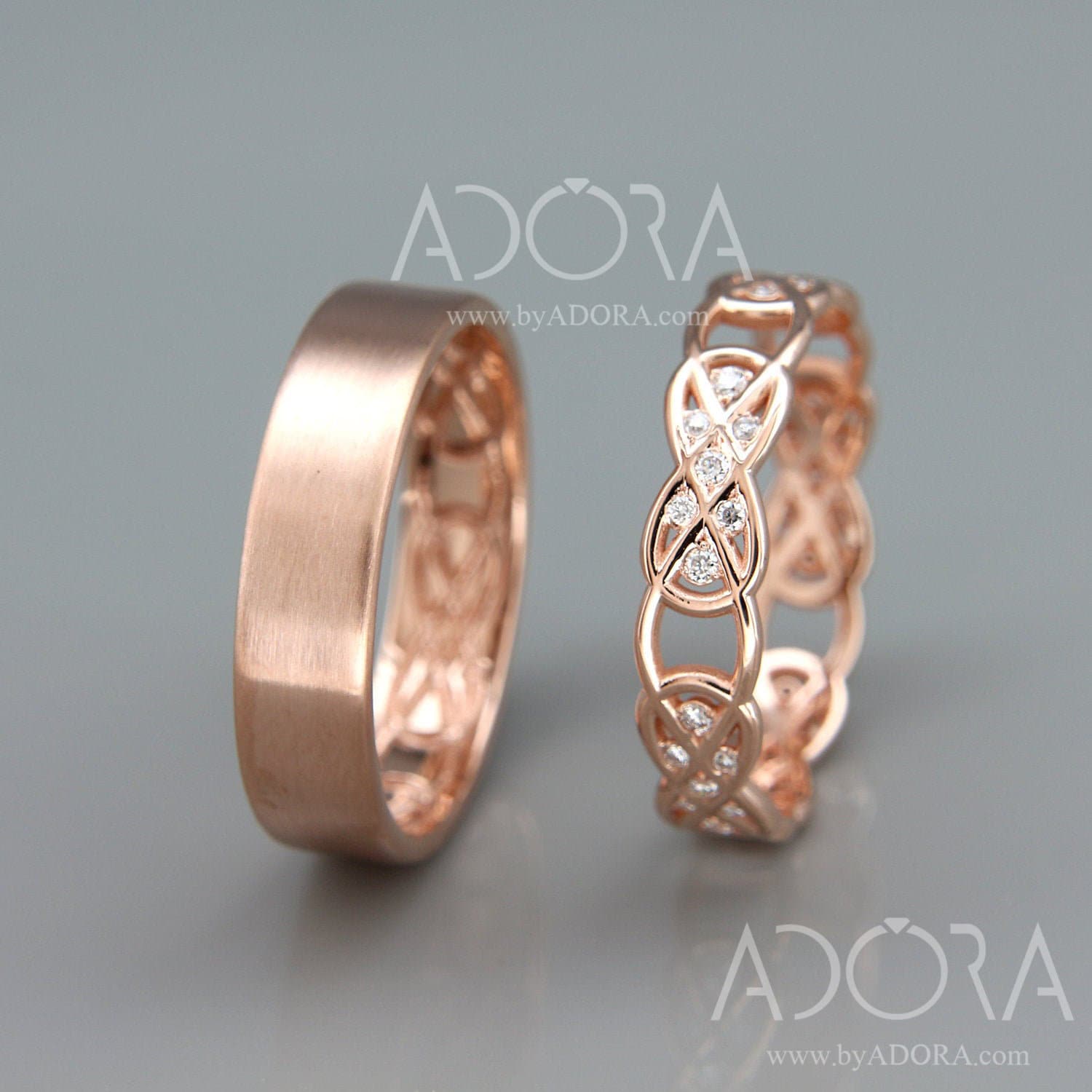 14K Rose Gold Celtic Wedding Rings set with Diamonds Handmade | Etsy