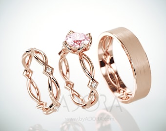 Lab Created Pink Diamond Wedding Ring | 14k rose gold His and Hers Celtic wedding ring set with Lab Grown Pink Diamond and natural diamonds