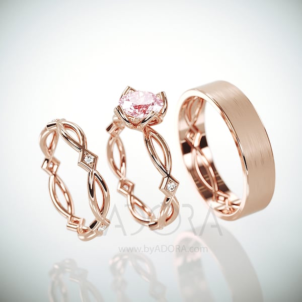 Lab Created Pink Diamond Wedding Ring | 14k rose gold His and Hers Celtic wedding ring set with Lab Grown Pink Diamond and natural diamonds