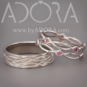 Handmade 14K White Gold Eternity Wedding Rings set with Purple Rhodolite | Handmade 14k gold  wedding Rings|His and Hers Wedding Bands Set