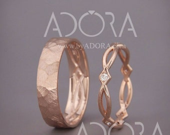 Handmade His and Hers Celtic Wedding Band Set | Rose Gold Celtic Wedding Ring Set with Diamonds | Eternity Wedding Ring Set with Diamonds